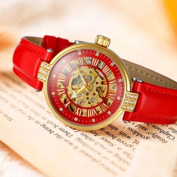 Forsining Womens Automatic Transparent Skeleton RED Leather Band Ladies Watch
